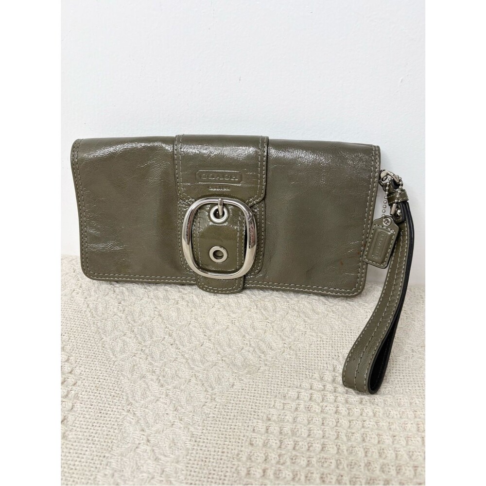 Coach Green Bleecker Patent Leather Clutch F43371 Large Wristlet Pouch Moss Sage